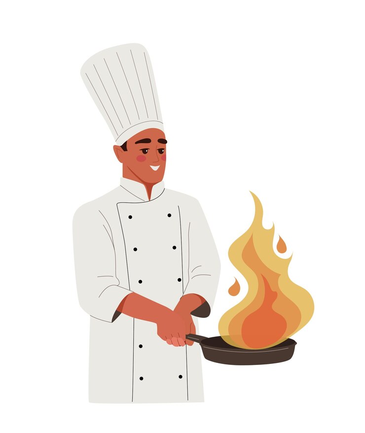 Wektor szef kuchni z koncepcją jedzenia mężczyzna w fartuchu i białym kapeluszu z patelnią personel kawiarni lub restauracji zawód cateringowy ilustracja wektora płaskiego kreskówka izolowana na białym tle