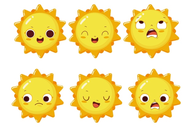 Sześć emoji słońce słodka postać