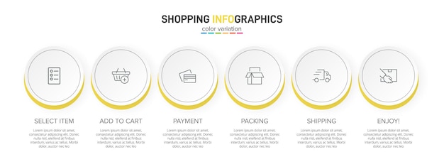 Sześć Kolorowych Elementów Graficznych Do Procesu Zakupów Kolejnych Kroków Z Ikonami I Tekstem
