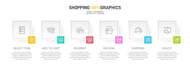 Sześć Kolorowych Elementów Graficznych Do Procesu Zakupów Kolejnych Kroków Z Ikonami I Tekstem