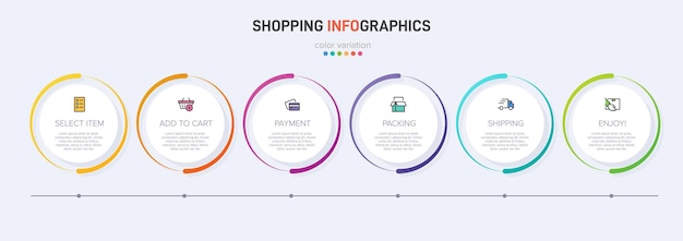 Sześć Kolorowych Elementów Graficznych Do Procesu Zakupowego Kolejnych Kroków Z Ikonami I Tekstem