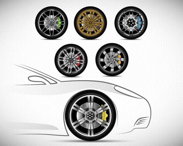 Plik wektorowy sześć zestawów kół samochodu koncepcyjnego ilustracja z hamulcem tarczowym sport w wariantach kolorystycznych