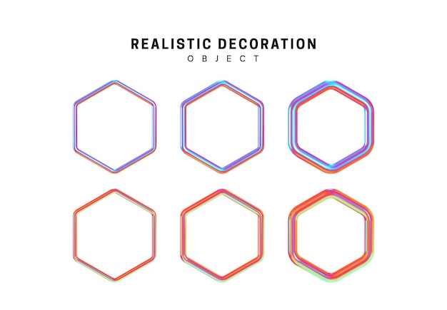 Sześciokątne kształty geometryczne, gradient, różowy i niebieski. Dekoracyjny element projektu na białym tle. Ustaw obiekt 3d w kształcie sześciokąta. Realistyczne ilustracji wektorowych.