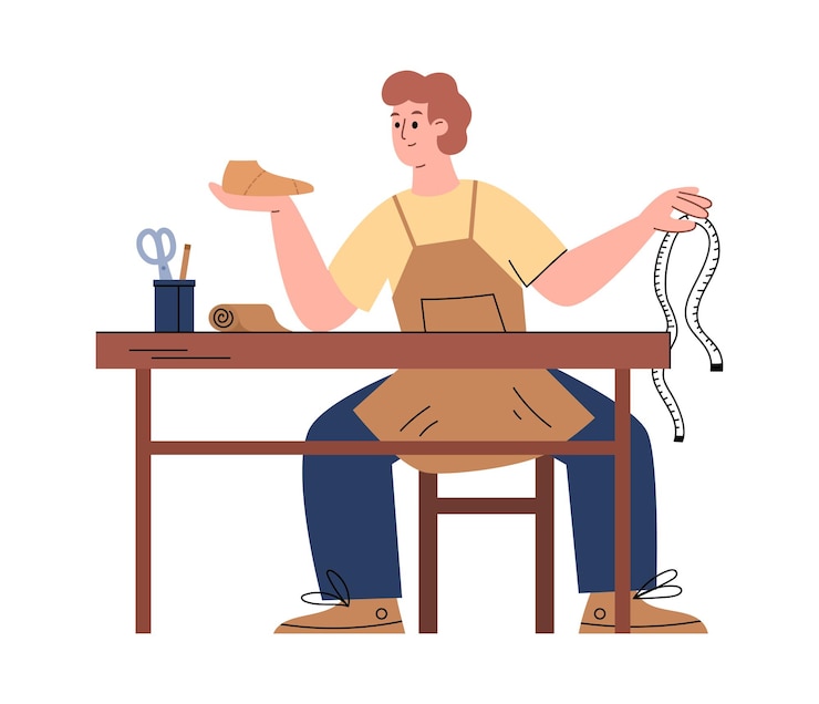 Wektor szewc lub szewc robi buty w produkcji obuwia płaskie wektor ilustracja na białym tle ...