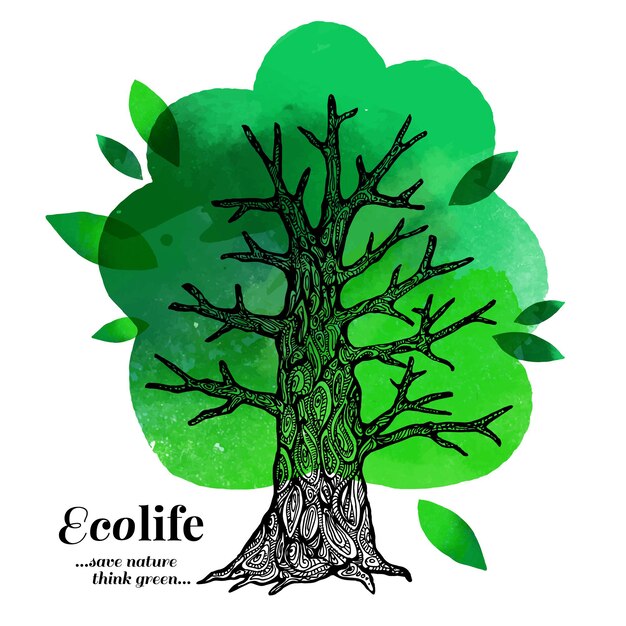 Szkic Akwarela Ekologia Plakat. Ręcznie Rysowane Ilustracji Wektorowych Drzewa