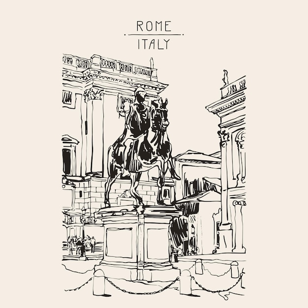 Plik wektorowy szkic cyfrowy rysunek pejzażu rzym włochy z rzeźbą statua jeździecka