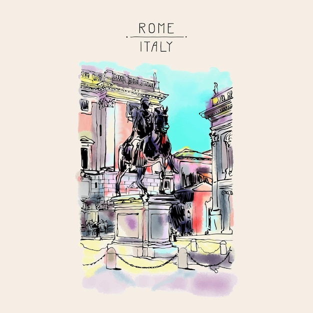 Szkic Cyfrowy Rysunek Pejzażu Rzym Włochy Z Rzeźbą Statua Jeździecka