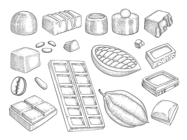 Szkic Czekolady. Czekolada Ciągnione Naturalne Słodkie Produkty Czekolada Praliny Jedzenie Wektor Zdjęcia Kolekcji. Naturalne Jedzenie Kakaowe, Ilustracja Fasoli Kakaowej
