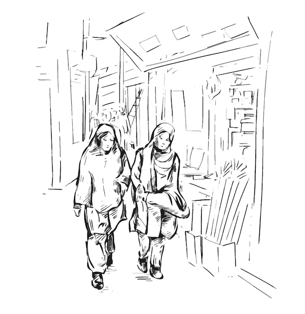 Szkic dwóch muzułmanek spacerujących po rynku