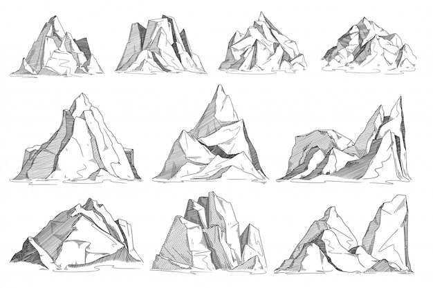 Szkic górski. Ręcznie rysowane szkic skalistego szczytu. Klif wektor zestaw na białym tle. Kolekcja krajobrazu Highland Range. Ręcznie rysowane ilustracja kontur grzbietu górskiego w stylu grawerowanym