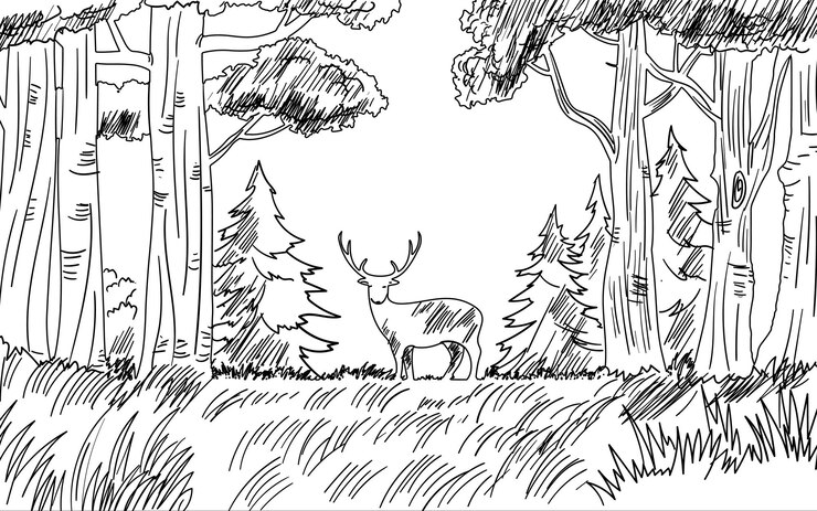 Szkic ilustracji lasu z jeleniem i drzewami