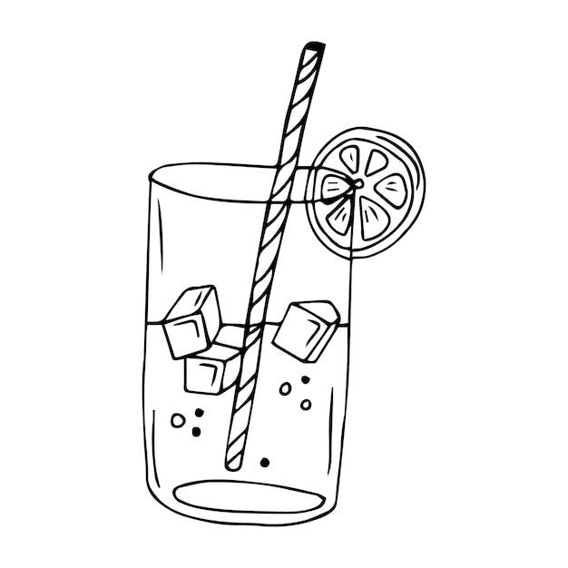 Szkic ilustracji wektorowych - kieliszek lemoniady z plasterkiem cytryny, lodem i słomką do picia