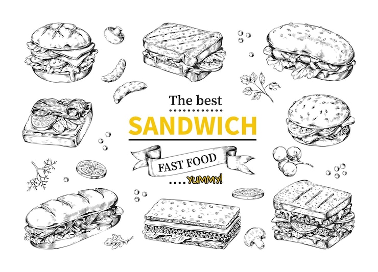 Wektor szkic kanapki bagel i bruschetta zapakowanie śniadania rysunek jedzenia vintage doodle chleb przekąska na bar gourmet lunch hamburger z serem i kiełbaską ilustracja izolowana wektorowa