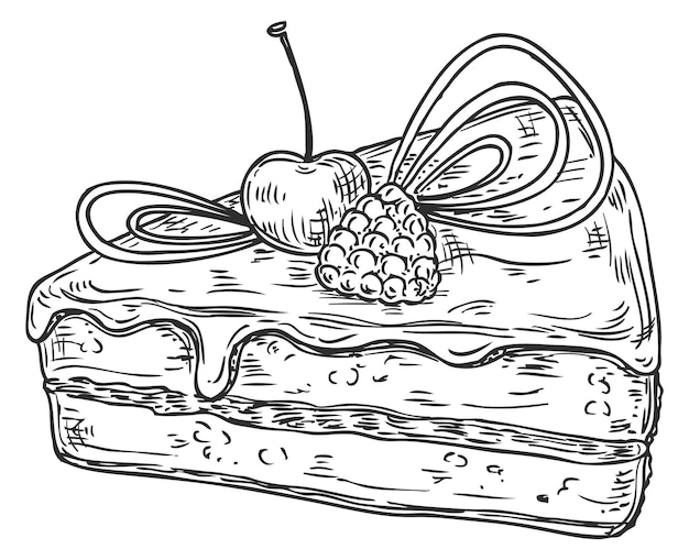 Plik wektorowy szkic kawałka ciasta kawałek ciasta z kremem jagodowym izolowany na białym tle