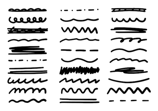 Szkic linii bazgrołów doodle zestaw pędzli ręcznie rysowane czarne linie wektorowe zestaw markerów grunge