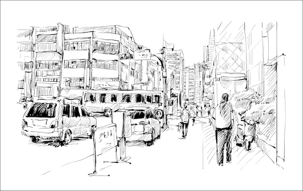 Plik wektorowy szkic miasta na tajwanie pokazuje ulicę tajpej i transport, ilustracja