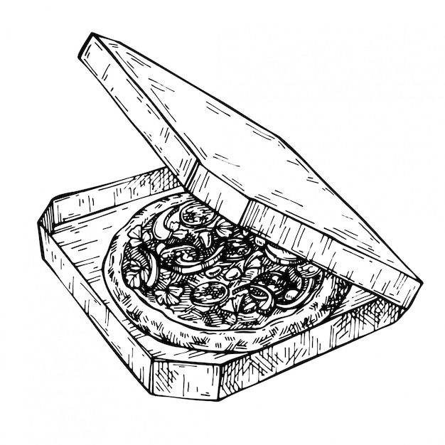 Szkic Otwórz pudełko po pizzy. Ręcznie rysowane Pizza w tekturowym pudełku. Ilustracja dostawy rocznika atramentu