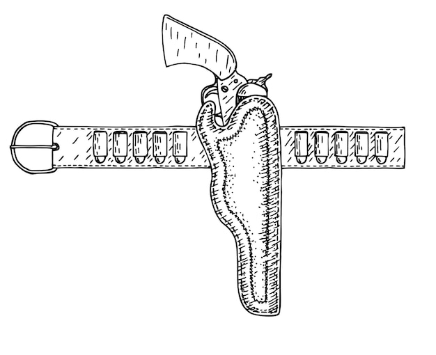 Plik wektorowy szkic pistoletu kowbojskiego w kaburze z kulami ikona wektora amunicji pasa rewolwer kabura paska