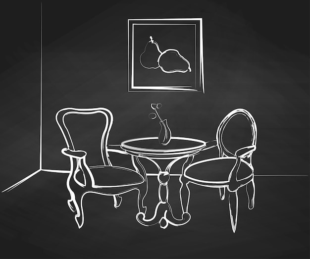 Plik wektorowy szkic pokoju zaprojektuj stół i dwa krzesła w rogu pokoju