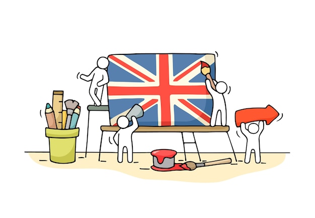 Szkic Pracujących Małych Ludzi Z Flagą Brytyjską. Doodle śliczna Miniaturowa Scena Pracowników Z Union Jack. Ręcznie Rysowane Ilustracja Kreskówka Do Projektowania I Plansza.