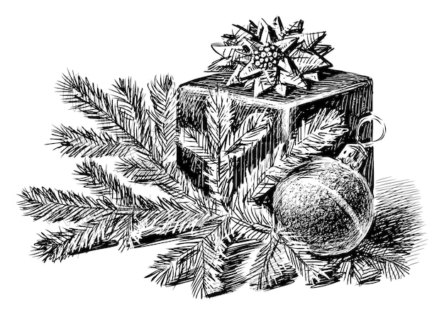 Szkic Pudełka Z Prezentem Z łukiem Gałąź Drzewa świątecznego Piłka Rysunek Wektorowy Ręczny Izolowany Na Białym