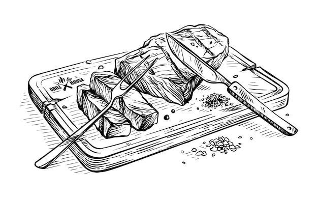Szkic Ręcznie Rysowane Plastry Rostbef Z Grilla Stek Z Byka Na Drewnianej Desce Z Ilustracji Wektorowych Nóż I Widelec
