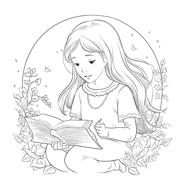 Szkic Ręcznie rysowane pojedynczej linii sztuki kolorowanie strony rysowanie linii kobiety czytają dzień książki