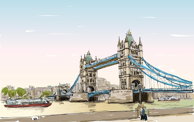 Szkic Rysunku Pejzażowego Tower Bridge, Londyn, Anglia, Ilustracja
