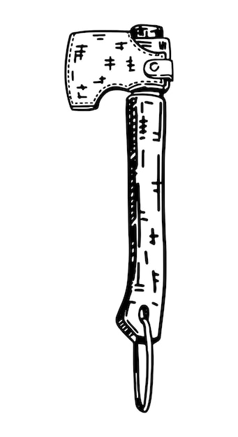 Plik wektorowy szkic siekiery kempingowej z osłoną osłony ochronnej sprzęt do podróży na świeżym powietrzu narzędzia do wędrówek ilustracja