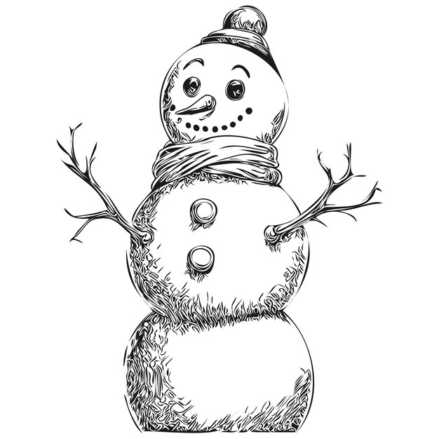 Plik wektorowy szkic śnieżaka w atramentze szczegółowe ręcznie narysowane świąteczne ilustracje śnieżka w stylu vintage i morza