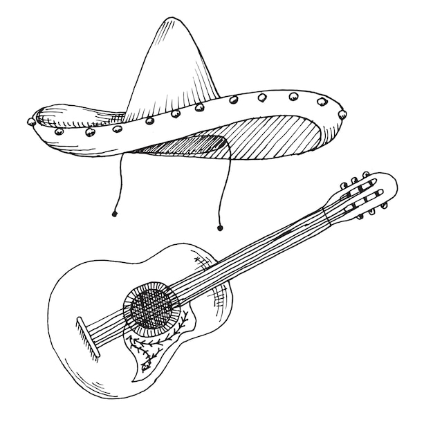 Szkic Sombrero I Gitary Na Białym Tle