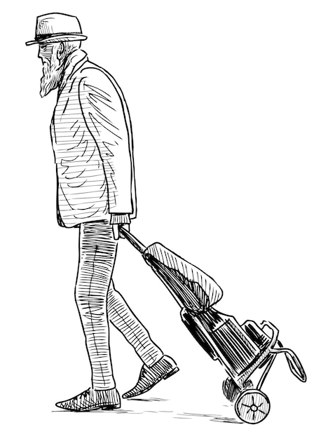 Plik wektorowy szkic starego brodatego mężczyzny w kapeluszu z wózkiem bagażowym spacerującym na zewnątrz