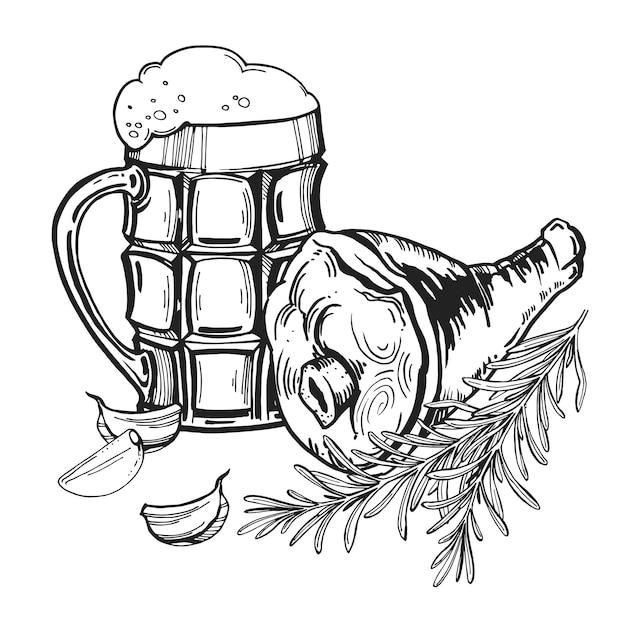 szkic szklanki piwa grillowanego wieprzowiny, rozmarynu i czosnku, ręcznie narysowana ilustracja wektorowa żywności