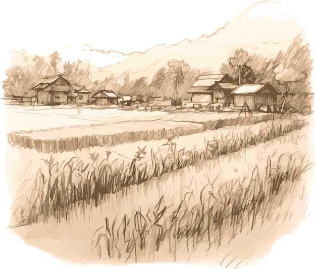 Szkicowanie spokoju ołówkiem przedstawiające wiejskie domy rolników, bydło i spokojne życie