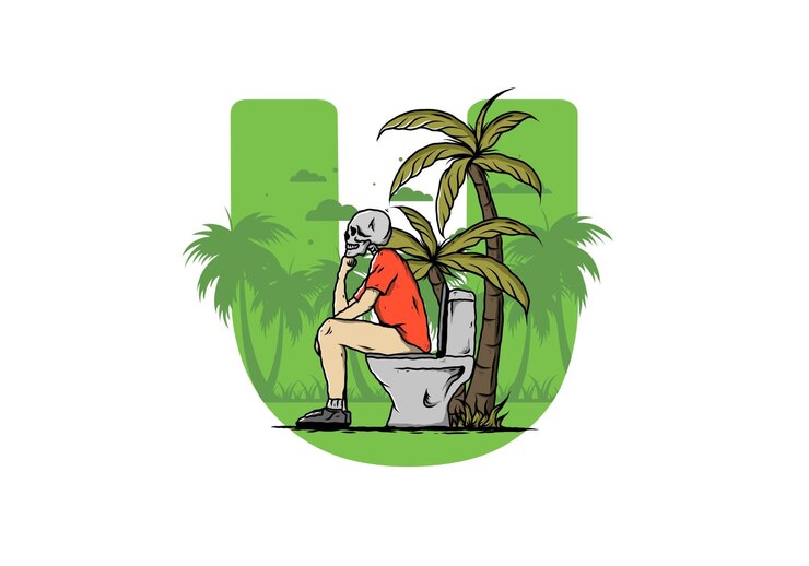 Wektor szkielet siedzi na ilustracji toalety na świeżym powietrzu