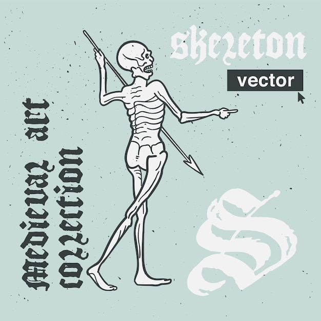 Plik wektorowy szkielet wektor grawerowanie stylu ilustracja sztuka średniowieczna z kaligrafią blackletter