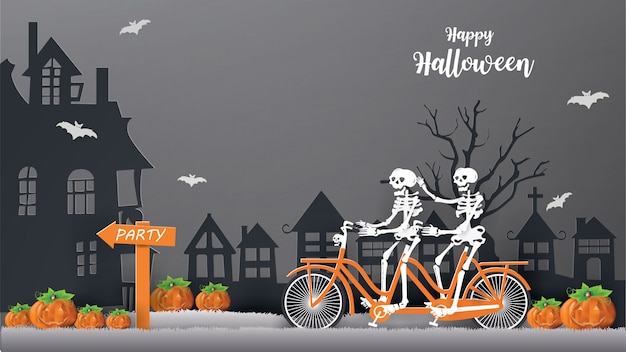 Plik wektorowy szkielety jedzie bicykl na szarej trawie iść imprezowa noc. szczęśliwy halloween pojęcie.