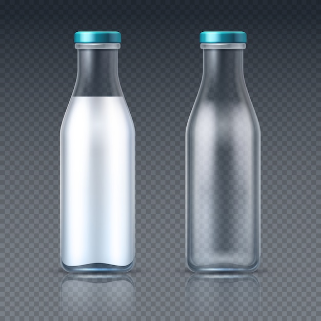 Plik wektorowy szklane butelki do napojów puste i z mlekiem. opakowania produktów mlecznych izolowane. ilustracja butelki mleka napój, zdrowy napoju nabiał w szkle