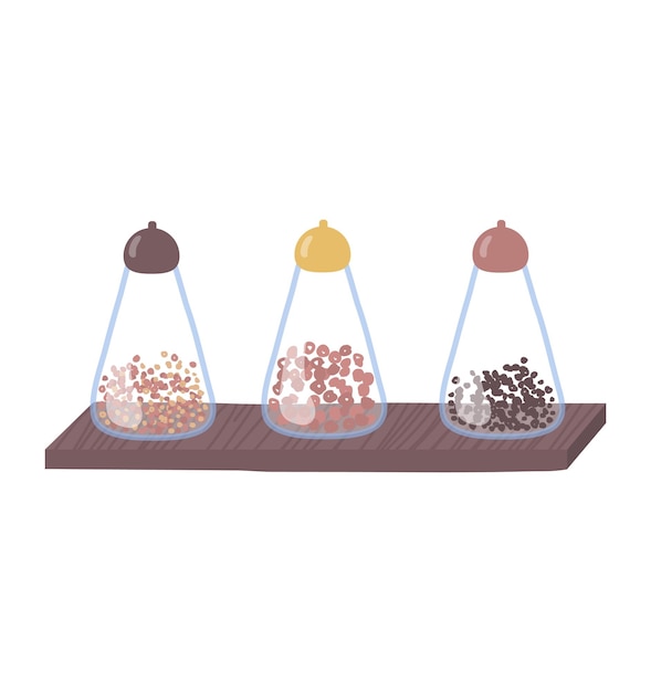 Szklane Naczynie Przyprawa Czarny Pieprz I Sól Koncepcja Przyprawa Kuchenna Stojąca Drewniana Deska Kreskówka...