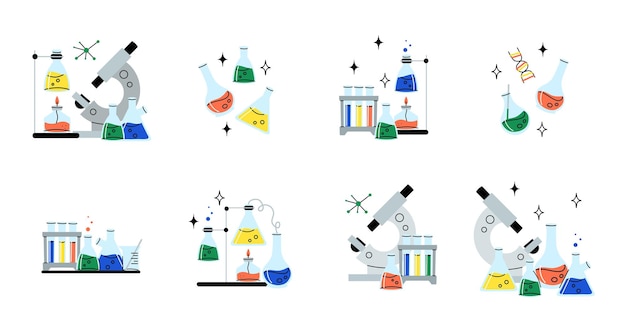 Plik wektorowy szklane wyroby laboratoryjne odczynniki chemiczne w szklanych butelkach i rurkach i kolbach medycznych sprzęt laboratoryjny narzędzia badawcze naukowe rysunek doodle wektorowy kreskówka płaska izolowana ilustracja