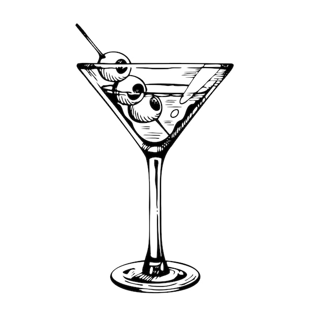 Szklanka Martini Z Oliwkami Ręcznie Rysowane Szkic Wektor Koktajl Alkoholu