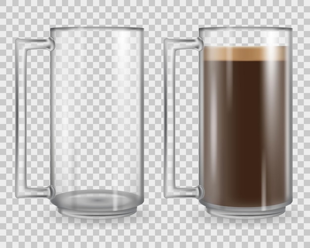 Plik wektorowy szklany kubek na przezroczystym tle. kubek pełen kawy i pusty. realistyczny