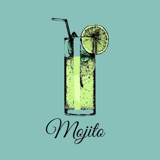 Plik wektorowy szkło mojito na białym tle ilustracja wektorowa napoju alkoholowego ręcznie rysowane szkic tradycyjnego koktajlu z plasterkiem limonki i słomy restauracja bar kawiarnia projekt menu ikona strony