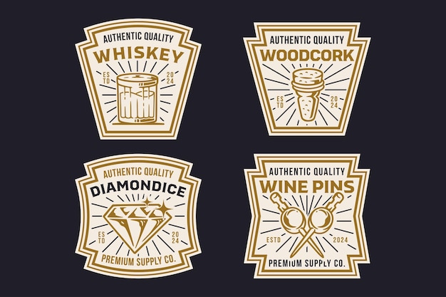 szkło whisky drewniany korkowy lód diament i szpilka wina retro logo dla przemysłu browarowego