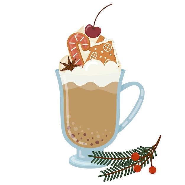 Plik wektorowy szkło z uchwytem z napojem kawowym i ciasteczkami świątecznymi w kształcie domu i lizak śliczna ilustracja wektora