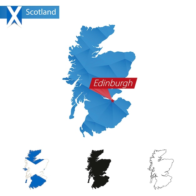 Szkocja Niebieska Mapa Low Poly Ze Stolicą Edynburg