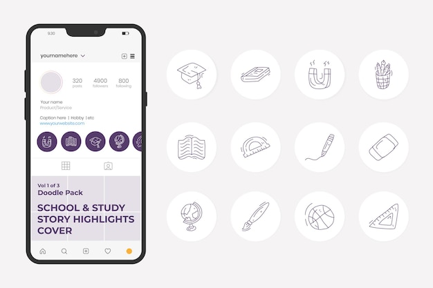 Szkoła I Nauka Doodle Ikona Ilustracja Zestaw Dla Mediów Społecznościowych Instagram Wyróżnij Okładkę Sklepów