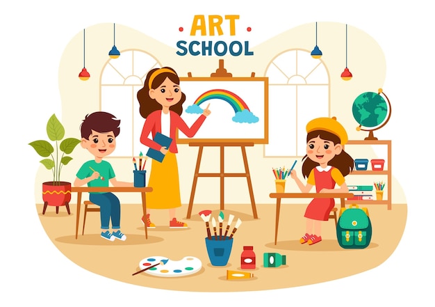 Szkoła Sztuki Ilustracja Z Dziećmi Malowania Z żywym Modelem Lub Obiektem Za Pomocą Narzędzi I Sprzętu
