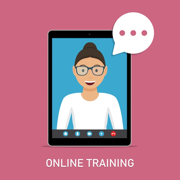Szkolenie Online Z Nauczycielem Wideo Na Tablecie W Płaskiej Konstrukcji