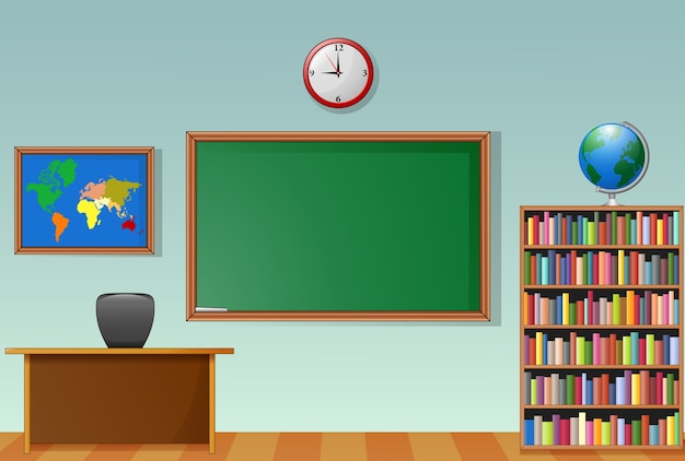 Szkolny sala lekcyjnej wnętrze z chalkboard i nauczyciela biurkiem